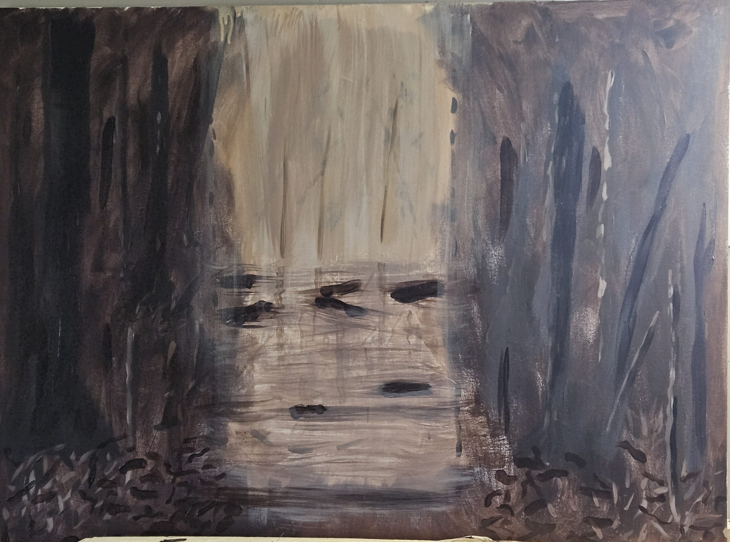 Bayou Passage, an acrylic painting by Jim showing a quiet waterway through a shadowed Southeast Texas forest