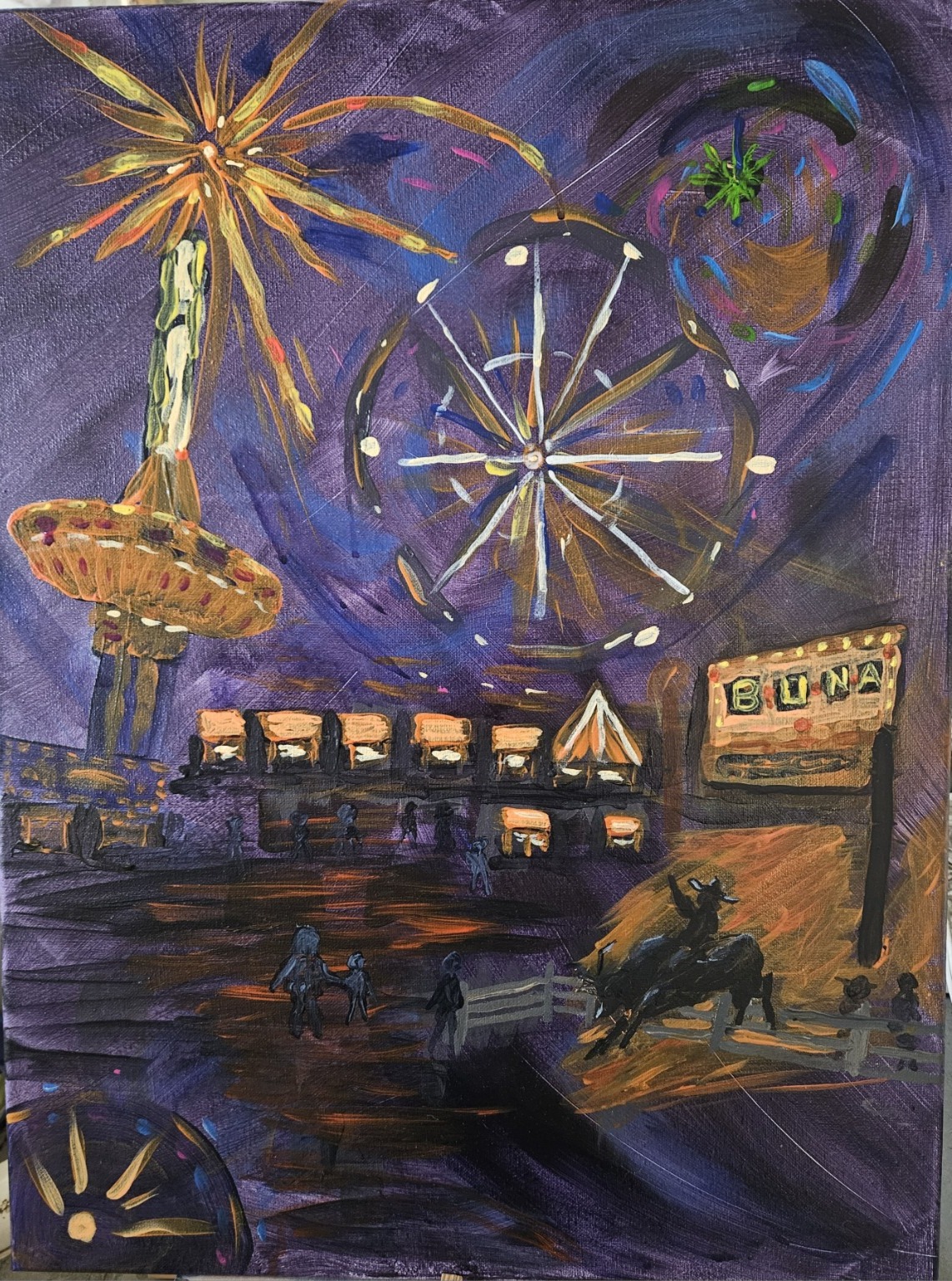 Jim's Buna Starburst acrylic painting, a colorful night fairground scene