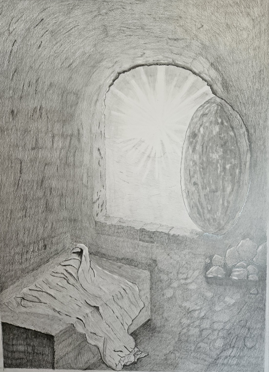 Jim's Empty Tomb graphite drawing showing bright light entering an open stone tomb