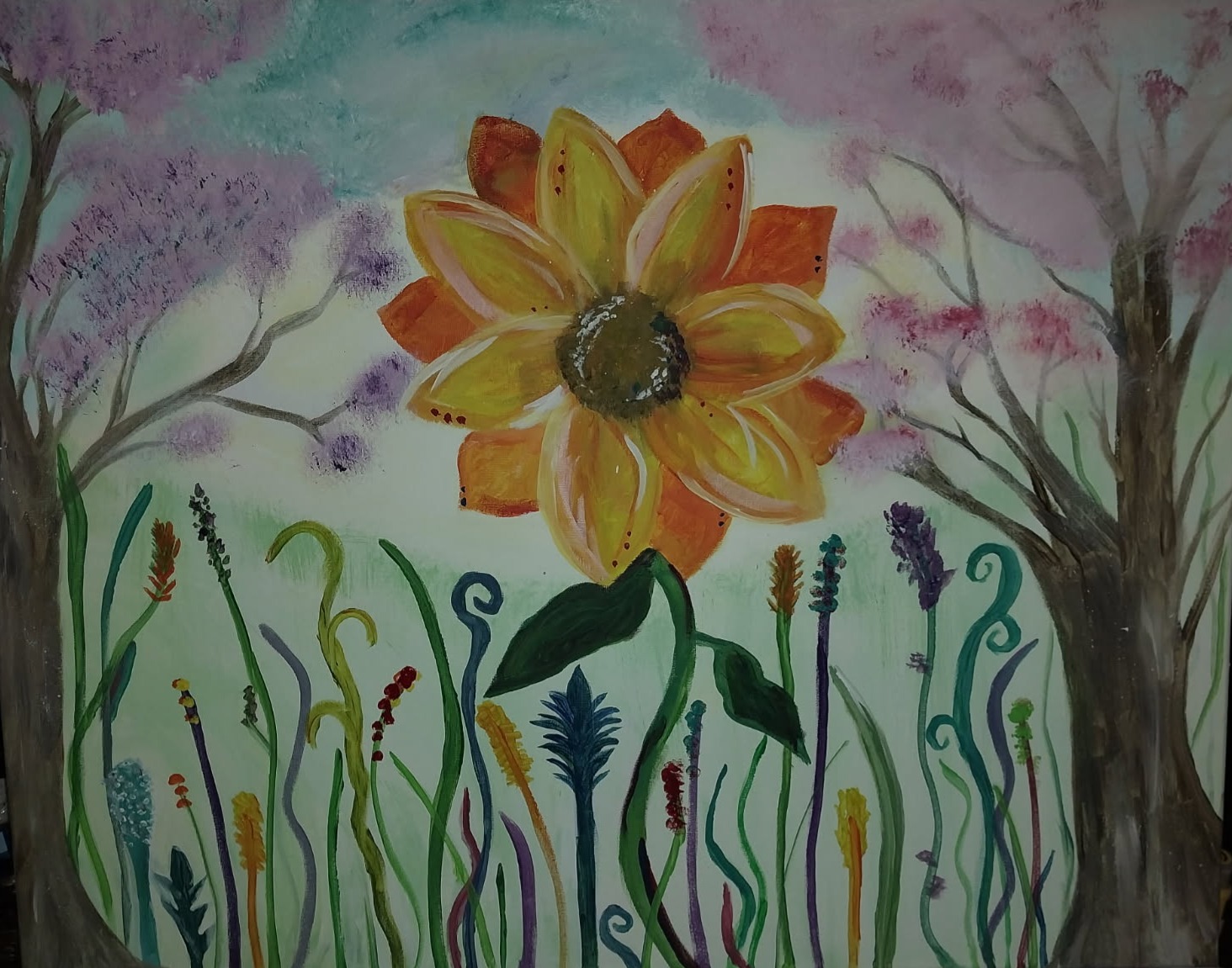 Kristen's first-place floral acrylic painting, featuring a large golden flower in a colorful woodland garden